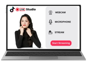 Home 23 TikTok Live Studio for PC showing webcam, microphone, and streaming setup with start streaming button.