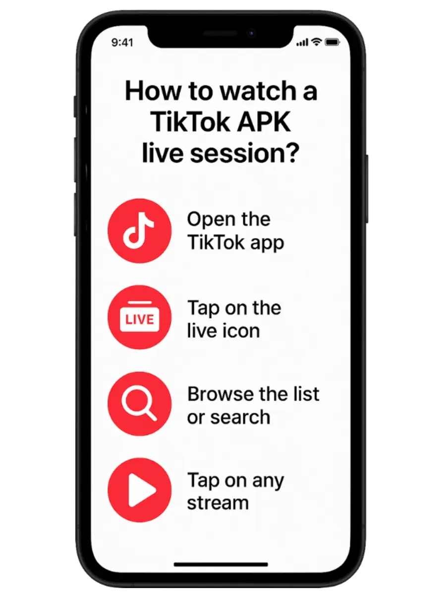 Home 27 Step-by-step guide showing how to watch a TikTok Live session through the APK version by browsing and joining live streams.
