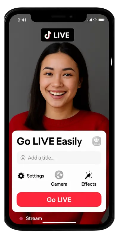 Home 33 TikTok Live APK Go Live interface screen showing title field and live settings