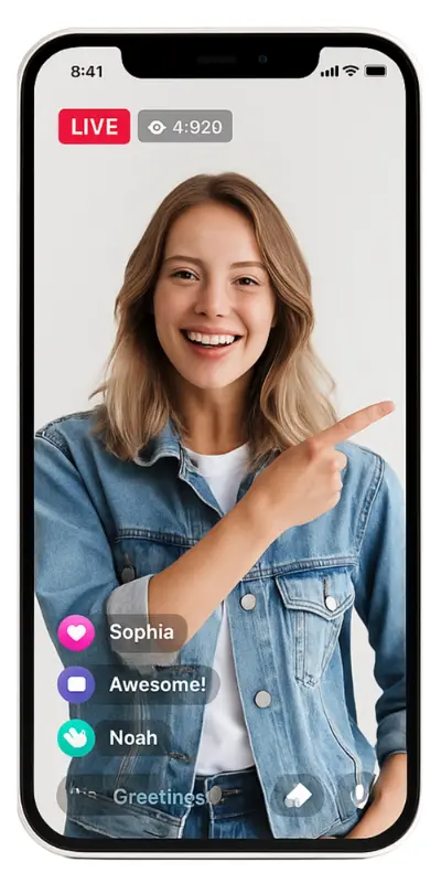 Home 35 TikTok Live APK interface showing a creator pointing while viewers react in real time