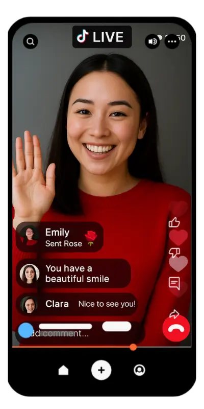 Home 32 TikTok Live APK livestream screen showing viewer engagement and real-time comments