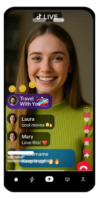 Home 36 TikTok Live APK screen showing a creator receiving real-time reactions and comments