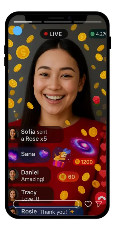 Home 31 TikTok Live APK homepage preview showing the virtual gifts feature during a livestream