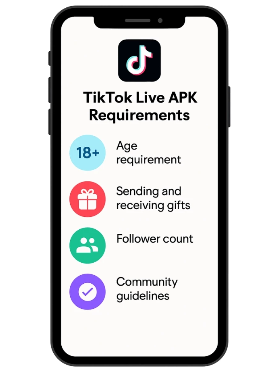Home 26 TikTok Live APK requirements infographic showing age limits, follower count, regional rules, and community guidelines for going live.