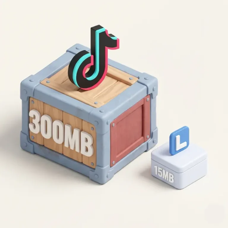 TikTok vs TikTok Lite 3 3D visual showing 300MB storage for TikTok vs 15MB for TikTok Lite.