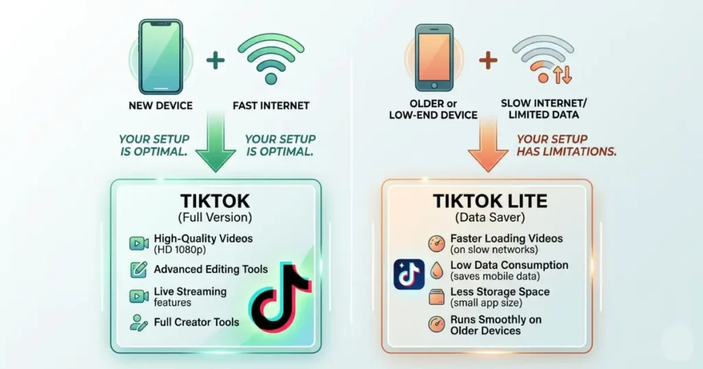 TikTok vs TikTok Lite 2 Screenshot comparison of TikTok Lite's streamlined interface versus the main TikTok app's advanced UI.