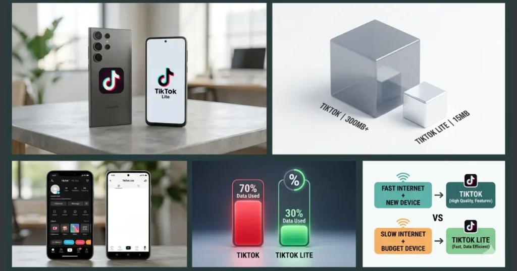 TikTok vs TikTok Lite 1 Side-by-side comparison of TikTok and TikTok Lite apps on Android smartphones.