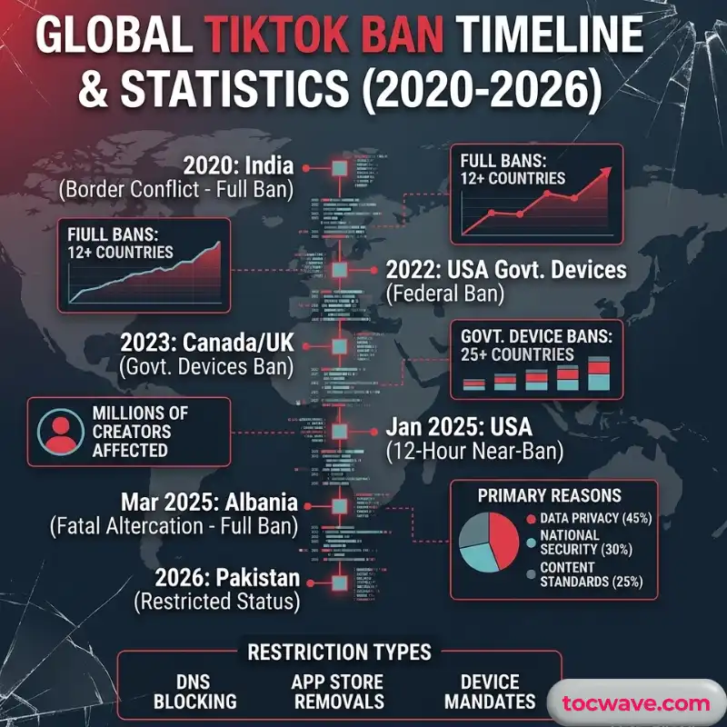 TikTok Ban 2 TikTok ban timeline infographic and global statistics chart for 2026, showing restriction types and millions of affected creators.