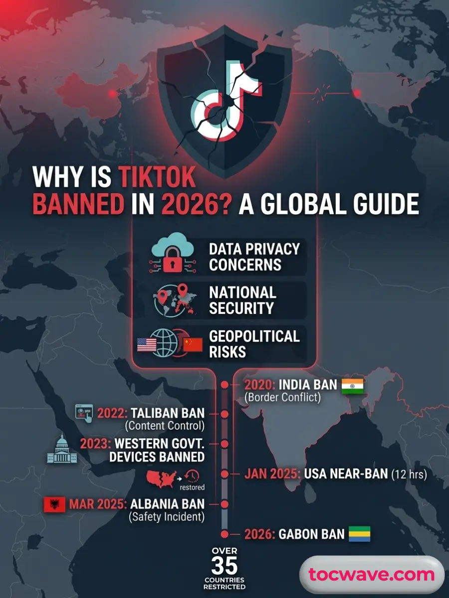 TikTok Ban 1 TikTok ban global infographic for Tocwave outlining the 35+ restricted countries in 2026 due to national security, data privacy, and geopolitical tensions.