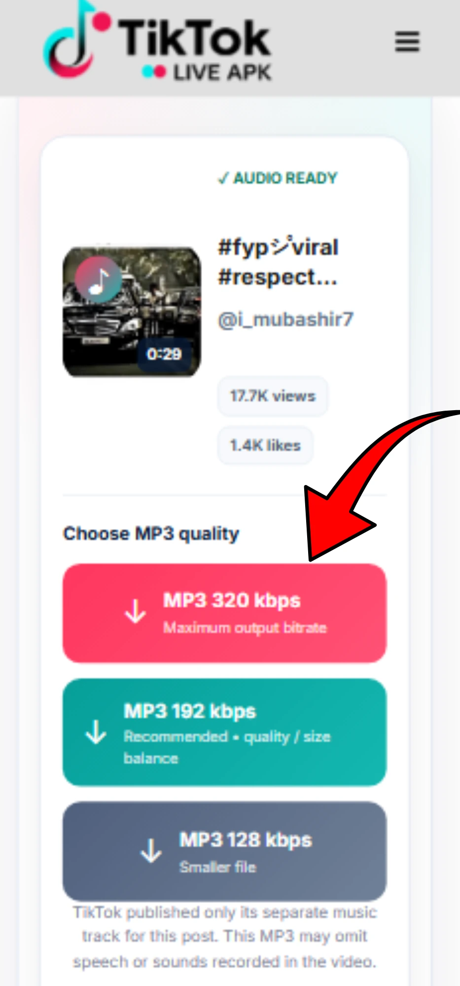 TikTok to MP3 3 TikTok to MP3 converter showing quality selection options including 320 kbps, 192 kbps, and 128 kbps.